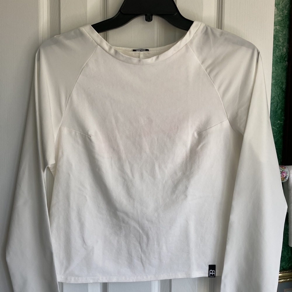 White lg. sleeve like- new top.  Sz. L but I think M.  Stretchy & comfy. $19